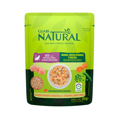 Ração Úmida Para Gatos Castrados Guabi Natural Frango, Cereais Integrais e Vegetais 85g
