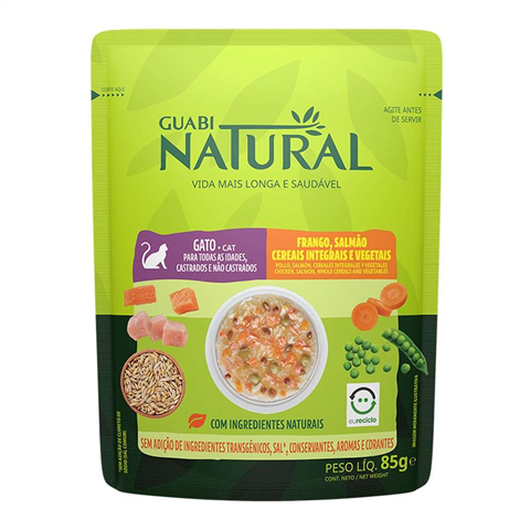 Ração Úmida Para Gatos Castrados Guabi Natural Frango, Salmão e Vegetais 85g