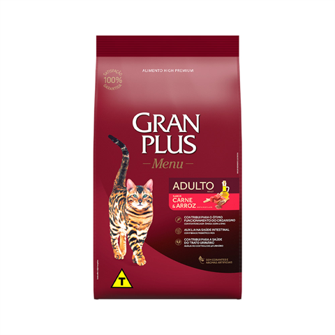 Ração Para Gatos Gran Plus Menu Adulto Carne e Arroz 3kg