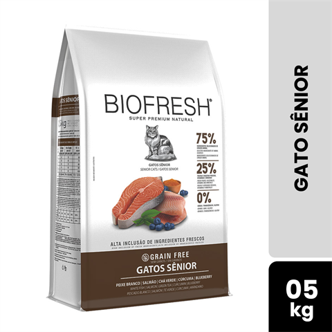 Ração Biofresh Gato Sênior Sabor Peixe Branco, Salmão, Chá Verde, Cúrcuma E Blueberry Com 7,5Kg