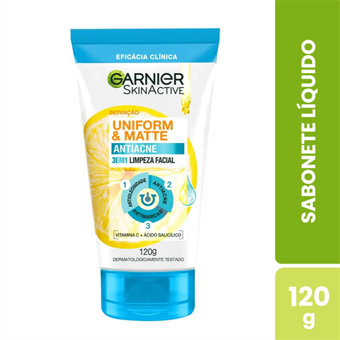 Sabonete Facial Antiacne 3 em 1 Garnier Uniform & Matte, 120g