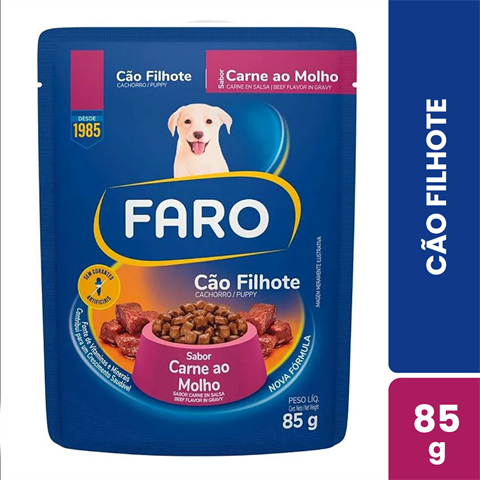 Sachê Ração Faro Para Cães Filhotes Sabor Carne Ao Molho Com 18 Unidades De 85g Cada