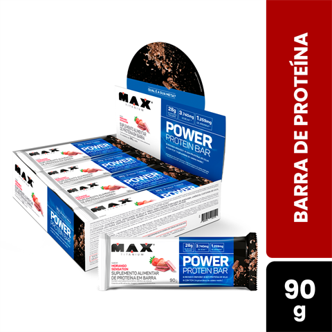 Barra De Proteína Max Titanium Power Protein Bar Sabor Morango Sensation Com 8 Unidades De 90g