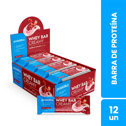 Barra De Proteína Probiótica Whey Bar Creamy Sabor Morango Com 12 Unidades De 38g