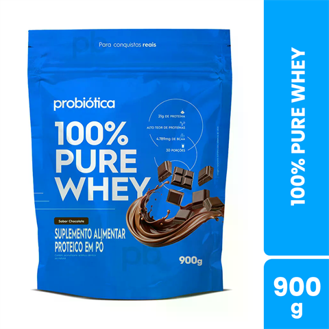 100% Pure Whey Probiótica Sabor Chocolate Refil Com 900g