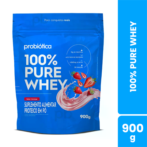 100% Pure Whey Probiótica Sabor Morango Refil Com 900g