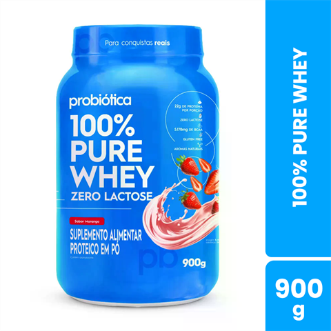 100% Pure Whey Probiótica Zero Lactose Sabor Morango Com 900g