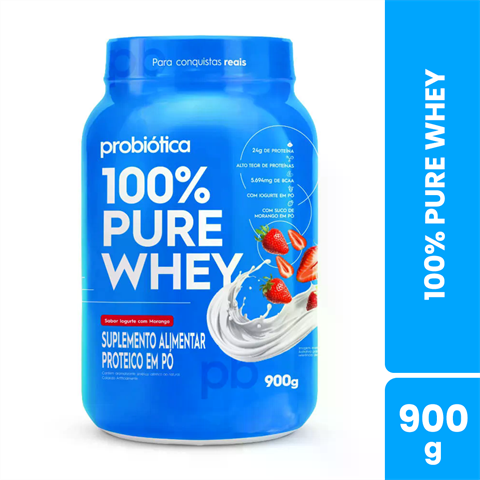 100% Pure Whey Probiótica Sabor Iogurte Com Morango Com 900g