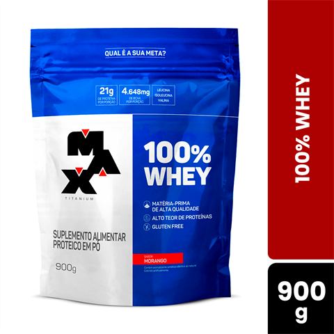 100% Whey Max Titanium Sabor Morango Refil Com 900g