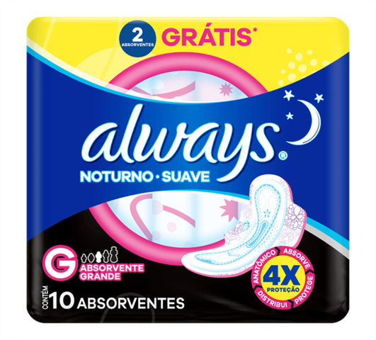 Absorvente Always Noturno Cobertura Suave G Com Abas 10 Unidades