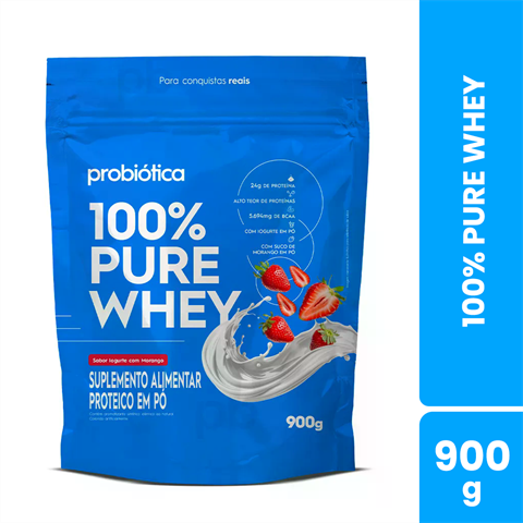 100% Pure Whey Probiótica Sabor Iogurte Com Morango Refil Com 900g