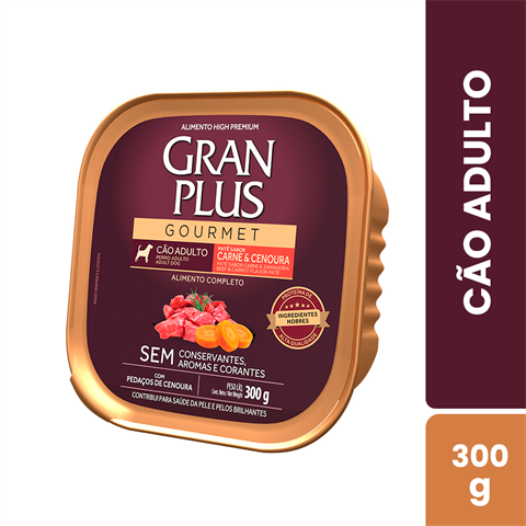 Ração Úmida GranPlus Gourmet Patê Sabor Carne E Cenoura Para Cães Adultos Com 6 Unidades De 300g