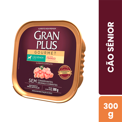 Ração Úmida GranPlus Gourmet Patê Sabor Frango Para Cães Sênior Com 6 Unidades De 300g