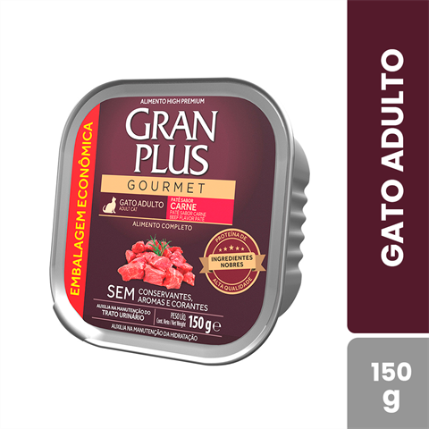 Ração Úmida GranPlus Gourmet Patê Sabor Carne Para Gatos Adultos Com 12 Unidades De 150g