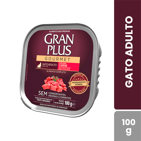 Ração Úmida GranPlus Gourmet Patê Sabor Carne Para Gatos Adultos Com 12 Unidades De 100g