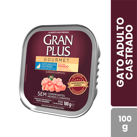 Ração Úmida GranPlus Gourmet Patê Sabor Frango Para Gatos Castrados Com 12 Unidades De 100g