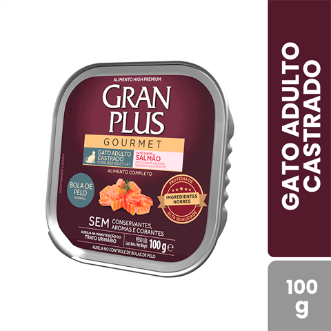Ração Úmida GranPlus Gourmet Patê Anti Bolas De Pelo Sabor Salmão Para Gatos Adultos Castrados Com 1