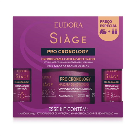 Kit Siàge Pro Cronology Eudora Cronograma Capilar Com Acelerado Máscara De Hidratação 250g + Potenci