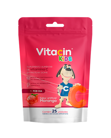 Suplemento Alimentar Vitacin Kids Vitamina C Em Pastilha De Goma Sabor Morango 30mg Com 25 Unidades
