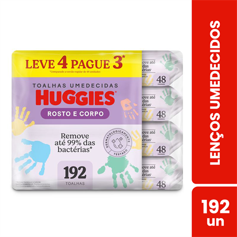 Lenço Umedecido Infantil Huggies Rosto E Corpo Leve 4 Pague 3 Pacotes Com 48 Unidades Cada