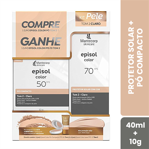 Kit Mantecorp Skincare Episol Color Tom 2 Claro Protetor Solar FPS70 40ml + Pó Compacto FPS50 10g