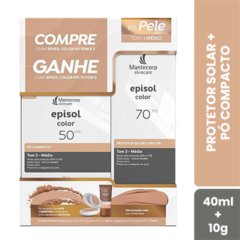 Kit Mantecorp Skincare Episol Color Tom 3 Médio Protetor Solar FPS70 40ml + Pó Compacto FPS50 10g