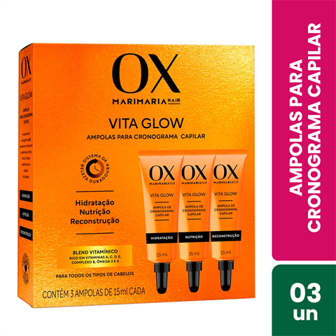 Kit OX Mari Maria Vita Glow Com 3 Ampolas Para Cronograma Capilar De 15ml Cada