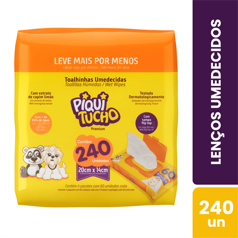 Lenço Umedecido Piquitucho Premium Leve 4 Pacotes Pague 3 Com 60 Unidades Cada