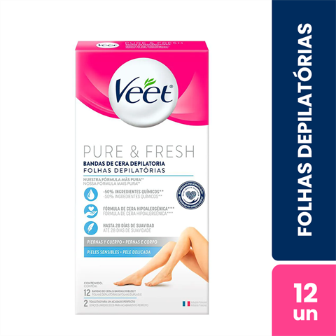 Folhas Depilatórias Veet Pure & Fresh Pernas E Corpo Com 12 Unidades