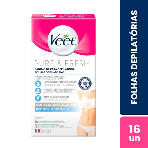 Folhas Depilatórias Veet Pure & Fresh Axilas e Virilhas Com 16 Unidades