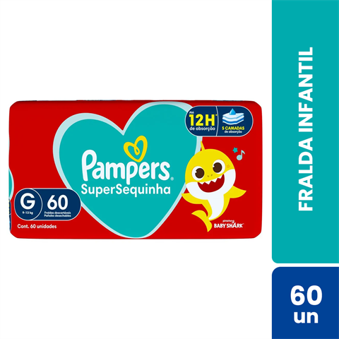 Fralda Infantil Pampers SuperSequinha Baby Shark G Com 60 Unidades