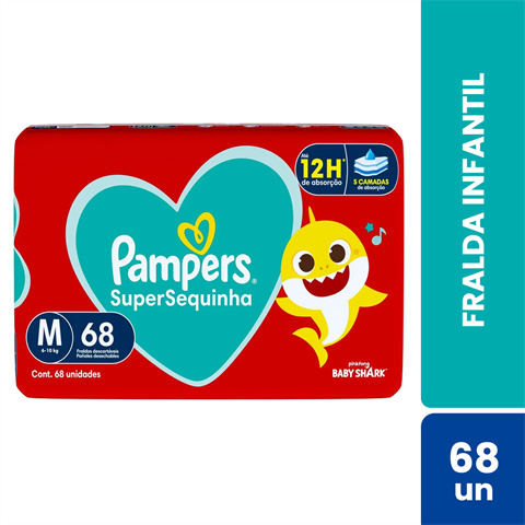 Fralda Infantil Pampers SuperSequinha Baby Shark M Com 68 Unidades