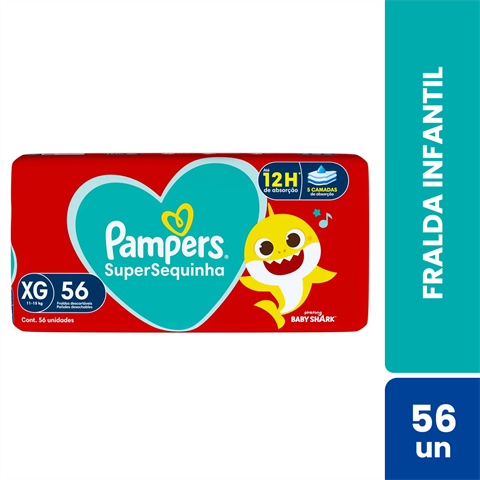 Fralda Infantil Pampers SuperSequinha Baby Shark XG Com 56 Unidades