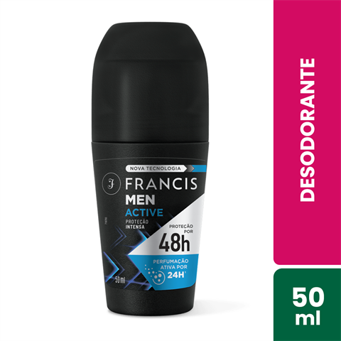 Desodorante Antitranspirante Francis Men Roll-on Active Proteção Intensa Com 50ml