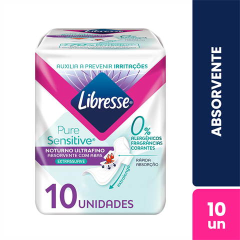 Absorvente Libresse Pure Sensitive Ultrafino Noturno Extra Suave Com Abas Com 10 Unidades