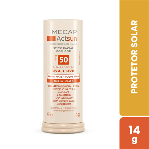 Protetor Solar Facial Imecap Actsun Stick FPS50 Tom 1.0 Claro Com 14g