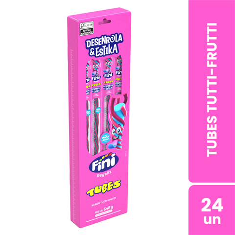 Bala Fini Tubes Azedinhos Desenrola E Estika Sabor Tutti-Frutti Com 24 Unidades De 27g