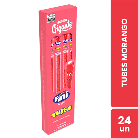 Bala Fini Tubes Super Gigante Sabor Morango Com 24 Unidades De 27g