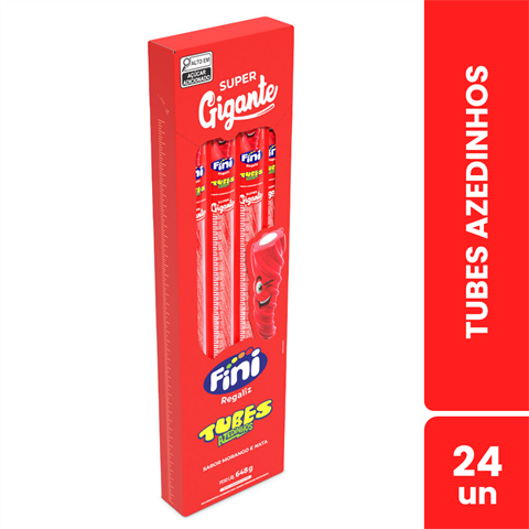 Bala Fini Tubes Azedinhos Super Gigante Sabor Morango Com 24 Unidades De 27g