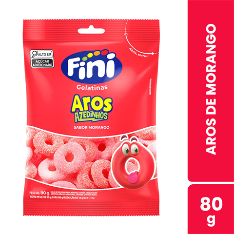 Bala De Gelatina Fini Aros De Morango Com 12 Unidades De 80g