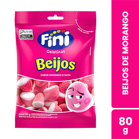 Bala De Gelatina Fini Beijos De Morango Com 12 Unidades De 80g