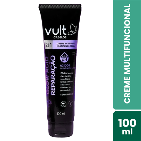 Creme Noturno Multifuncional Vult Cabelos Glow Acid Reparação 2 Em 1 Com 100ml