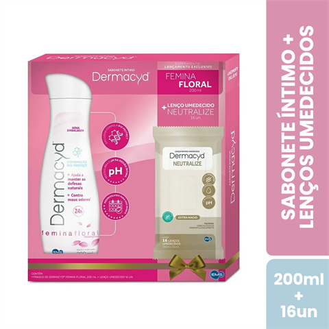 Kit Dermacyd Sabonete Íntimo Femina Floral 200ml + Lenço Umedecido Íntimo Neutralize Com 16 Unidades