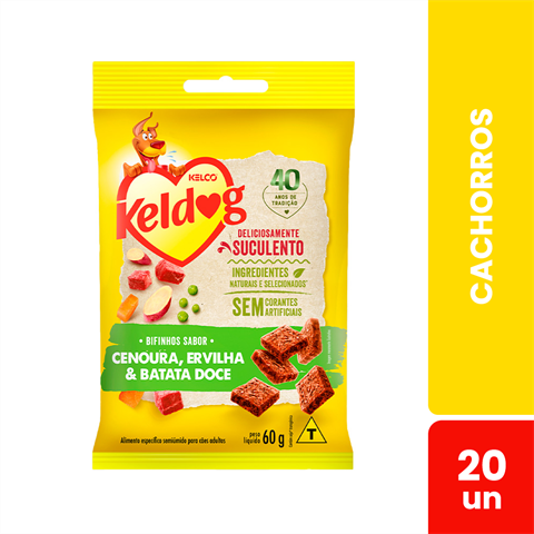 Bifinho Para Cães Keldog Sabor Cenoura, Ervilha e Batata Doce Com 20 Sachês De 60g