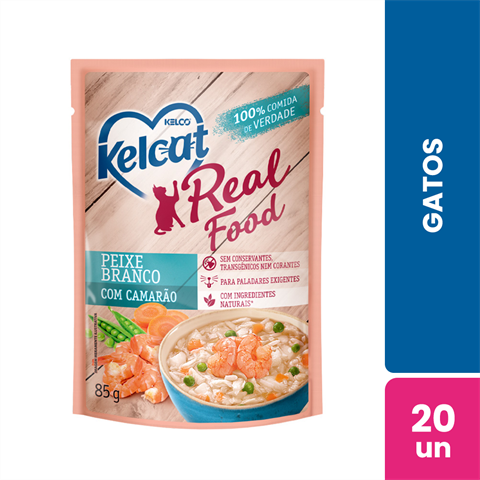 Ração Úmida Para Gatos Kelcat Real Food Sabor Peixe Branco Com Camarão Com 20 Sachês De 85g