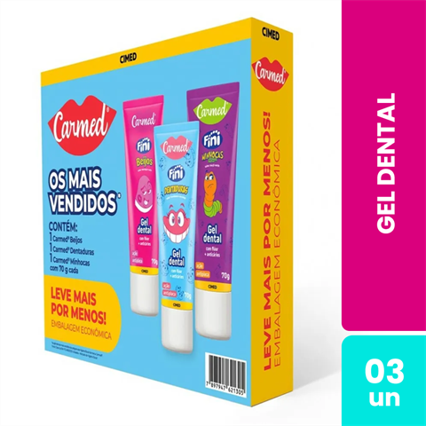 Kit Gel Dental Carmed Fini Beijos 70g + Dentadura 70g + Minhocas Azedinhas 70g