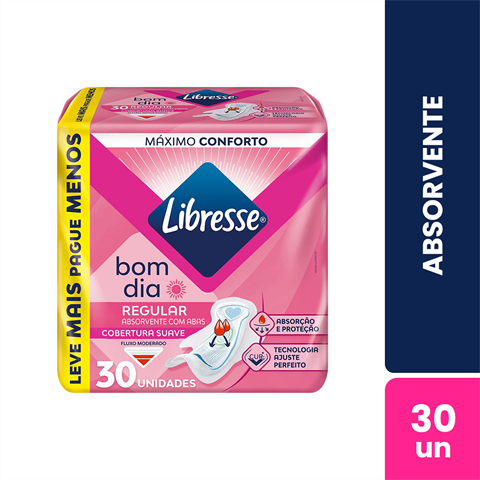 Absorvente Libresse Bom Dia Regular Fluxo Moderado Cobertura Suave Com Abas Com 30 Unidades