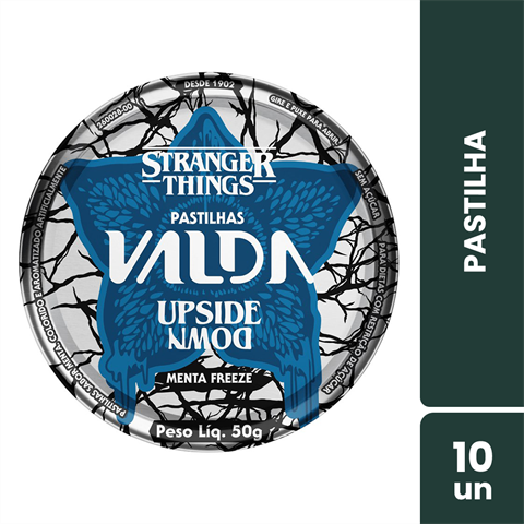 Pastilhas Valda Stranger Things Upside Down Sabor Menta Freeze Com 10 Latas De 50g