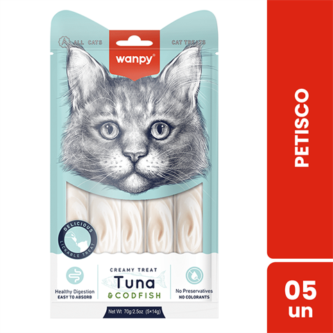 Petisco Para Gatos Wanpy Creamy Sabor Atum E Bacalhau Sachê Com 5 Unidades