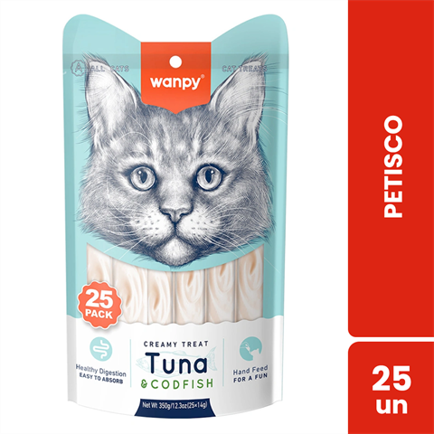 Petisco Para Gatos Wanpy Creamy Sabor Atum E Bacalhau Saco Com 25 Unidades